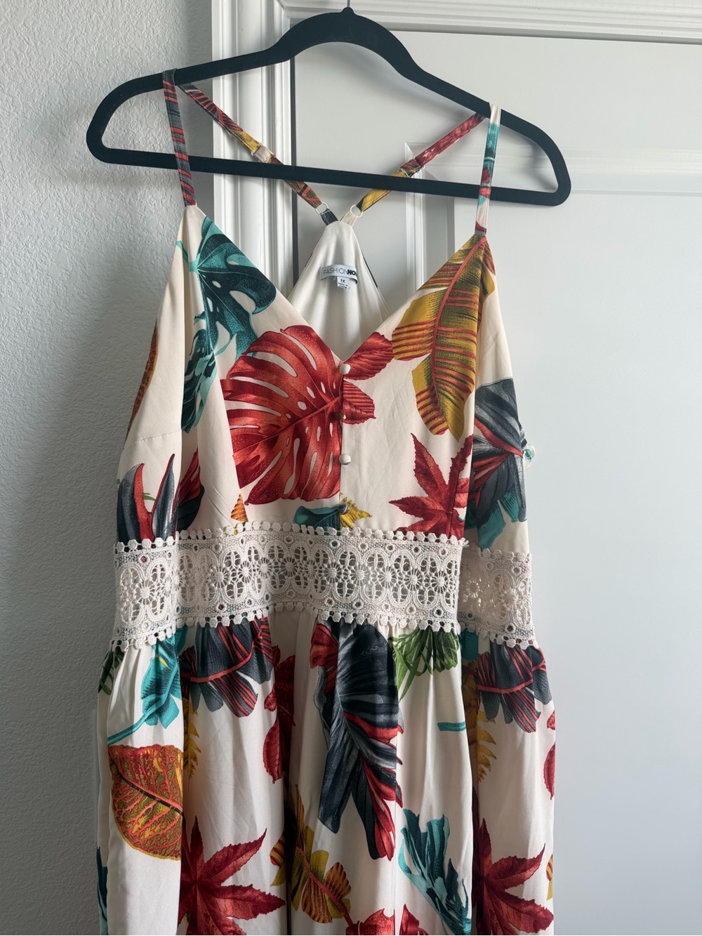 Fashion Nova Cream Maxi Dress with Red, Green & Teal Tropical Leaves